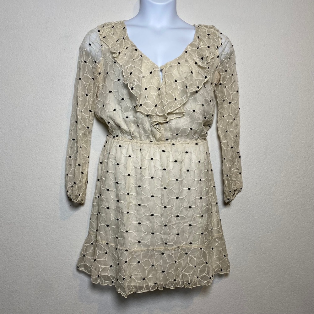 Chelsea & Violet Womens Sheer Floral Embroidered Ruffle V Neck Dress Med Cream‎